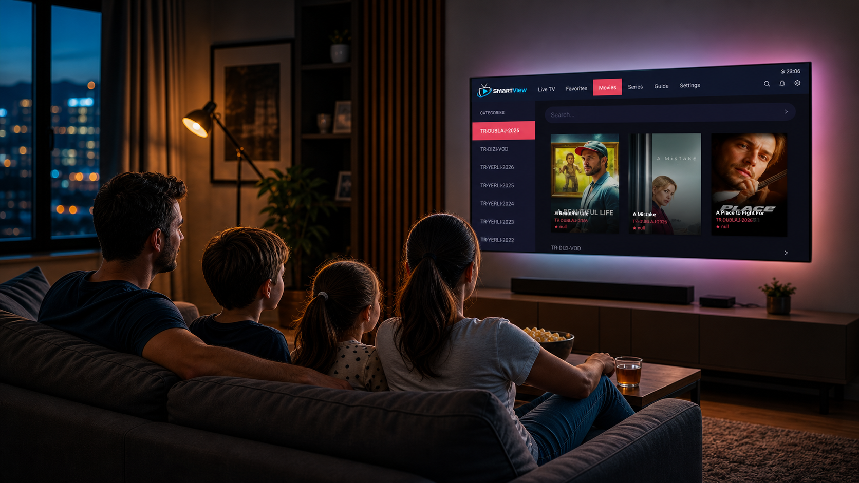 Family watching SmartView IPTV on a living room TV